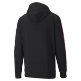 Buzo hoodie Puma Iconic T7 negro con logo blanco estampado en el pecho y franjas laterales en color lila y celeste.