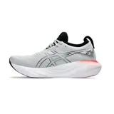 Championes de running Asics Gel-Nimbus 25, color blanco con detalles en negro, rojo y celeste.