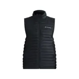 Chaleco negro acolchado con cierre frontal y cuello alto. Logo de Columbia estampado en el pecho.