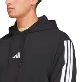 Hoodie Adidas Essentials French Terry con capucha y cordones ajustables, color negro con logo blanco bordado en el pecho y tres rayas blancas en las mangas. Cuenta con bolsillo tipo canguro.