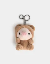 Llavero de peluche con forma de cerdito disfrazado de oso, con mosquetón metálico para colgar en carteras, mochilas o bolsos.