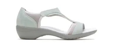 Sandalias Hush Puppies color gris con detalles en verde agua, con suela liviana y flexible.