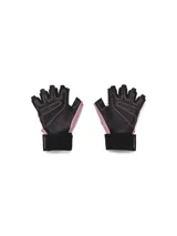 Par de guantes de entrenamiento Under Armour para mujer, color negro con logo blanco. Diseño con medio dedo, palma acolchada y cierre de velcro en la muñeca.