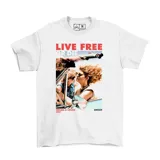 Remera blanca de algodón con estampa de la película Thelma & Louise, con la frase "Live Free or Die" y el año 1991.