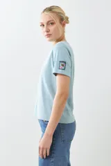 Remera de manga corta color gris claro con logo pequeño en la manga.