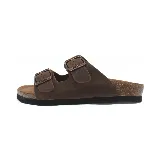 Sandalias de cuero marrón con dos tiras anchas ajustables con hebillas metálicas.