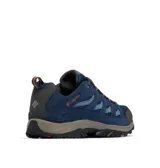 Zapatilla de trekking Columbia modelo Crestwood Waterproof, color azul marino con detalles en azul claro y cordones con toques naranjas. Presenta una construcción impermeable con tecnología Omni-Tech, entresuela TechLite para amortiguación y suela Omni-Grip para tracción todo terreno.