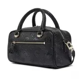 Cartera Guess modelo Cresidia, tipo bowling, color negro con textura grabada con el logo de la marca. Tiene doble asa corta, correa larga ajustable y removible, cierre superior con doble cremallera y dije colgante con el logo de Guess.