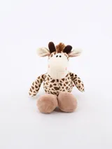 Jirafa de peluche marrón con manchas marrones, ojos negros y melena marrón.