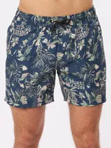 Short de baño azul marino con estampado de hojas, flores y texto en tonos pastel.