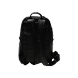 Mochila negra de lona revestida con monograma de la marca en toda la superficie. Tiene cierre bidireccional, asa superior reforzada, correas ajustables, dos compartimentos interiores (uno para tablet), bolsillo interior y exterior con cierre, y placa metálica con el nombre de la marca en la parte posterior.