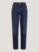 Pantalón de jean azul oscuro, de corte recto y tiro alto.