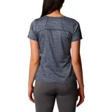 Remera deportiva Columbia color gris con estampado de líneas horizontales y logo de la marca en el pecho.