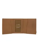 Billetera tipo tríptico de cuero color camel brown, con mecanismo interno de metal negro para tarjetas. Presenta el logo "GARZINI" grabado en el borde del mecanismo.