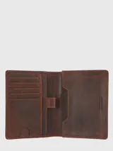 Billetera de cuero marrón con costuras en los bordes y logo de la marca grabado en la parte inferior.