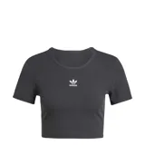 Remera corta Adidas ESS Rib de dama, color negro, de corte ajustado y tejido acanalado. Presenta cuello redondo y logo bordado en el pecho.