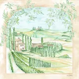 Pañuelo cuadrado de seda con estampado de paisaje campestre italiano en tonos verdes y amarillos.
