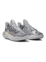 Championes de baloncesto unisex Curry 11, color gris con detalles en blanco y suela blanca. Diseñados para ofrecer rebote, agarre y estabilidad.