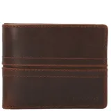 Billetera de cuero marrón con costuras a la vista, diez ranuras para tarjetas, ventana para identificación y dos bolsillos con cierre. Cuenta con tecnología RFID para proteger contra el robo de datos.