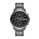 Reloj Armani Exchange modelo Hampton con caja y correa de acero color gris plomo, esfera negra con detalles en blanco y tres subesferas.