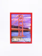 Cuadro con ilustración del puente Golden Gate de San Francisco, con cielo violeta y marco rojo.