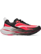 Championes de running Under Armour UA Halo Racer para hombre, color negro con detalles en rojo y blanco. Presentan tecnología HOVR+ para mayor amortiguación y retorno de energía, y suela de goma para mayor tracción.