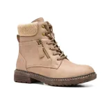 Bota de caña baja color beige, con cordones y cierre lateral. Presenta detalle de tejido de punto en el borde superior.