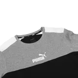 Remera Puma ESS+ Block de hombre, con diseño de bloques de color gris, blanco y negro, logo estampado en el pecho y corte clásico.