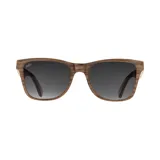 Lentes de sol con marco de madera color marrón y lentes grises degradadas.