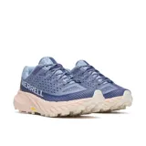 Championes de trail running Merrell Agility Peak 5, color azul con detalles en rosa y suela Vibram MegaGrip.
