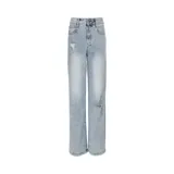 Jeans de mujer CAT, tiro alto, color celeste lavado (light faded wash), corte ancho (wide leg) con roturas en la parte delantera de ambas piernas. Presenta cierre de cremallera y broche, diseño de 5 bolsillos y parche de logo Oxford Cat en la pretina trasera.