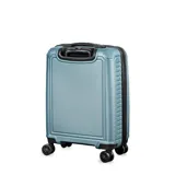 Valija de cabina rígida, marca Munich, color celeste. Fabricada en policarbonato, con acceso por cierre, candado TSA y cuatro ruedas.