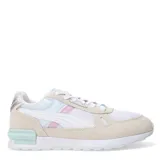 Championes de mujer de diseño urbano, con combinación de colores blanco, gris y rosa, y cierre de cordones.