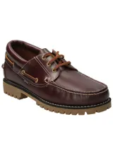 Zapato náutico de cuero color café oscuro con cordones de cuero y suela de goma con dibujo.