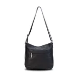 Bandolera marrón de cuero sintético con correa larga regulable combinada a tono. Tiene dos bolsillos frontales con cierre, apertura superior con cierre, división interna, bolsillos internos y bolsillo trasero con cierre.