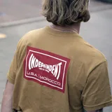 Remera color marrón claro con logo de Etnies y Independent en el pecho.