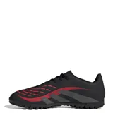 Championes de fútbol Adidas Predator Club TF, color negro con detalles en gris y rojo. Diseñados para césped artificial, con parte superior sintética texturizada y suela de goma TF.
