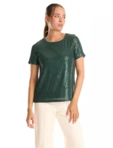 Blusa de lentejuelas color verde oscuro, marca Ninety, con escote a la base, manga corta y forro interno a tono.
