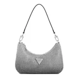 Cartera de mano plateada con textura metálica, correa de hombro desmontable y logo triangular metálico en el frente.