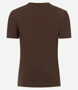 Remera marrón de algodón con cuello redondo y mangas cortas. Estampa frontal con letras blancas que dicen "New York College League 98".