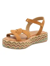 Sandalias con plataforma de rafia multicolor y tiras de cuero color camel.
