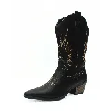 Bota texana de cuero sintético color negro, con bordados en color beige y taco de 5 cm.