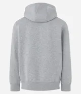 Saco deportivo gris de algodón y poliéster, con capucha ajustable con cordón, cierre frontal con cremallera, mangas largas con puños ajustados y bolsillos laterales.