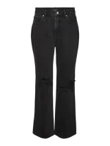 Pantalón de jean negro con roturas en las rodillas, corte wide leg y cintura alta.