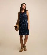 Vestido corto sin mangas, confeccionado en viscosa azul marino con estampado de lunares blancos.