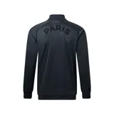 Campera tipo varsity del Paris Saint Germain, color azul marino con detalles en negro. Presenta el escudo del equipo en el pecho y cierre con botones a presión.