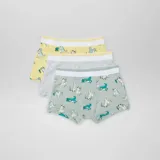Pack de tres boxers con cintura elástica y estampado de dinosaurios en colores amarillo, gris y verde.