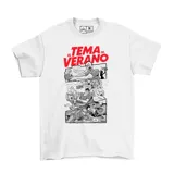 Remera blanca de algodón con estampado de cómic en blanco y negro y detalles en rojo.