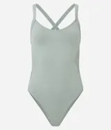 Body femenino sin costura, color verde claro, con escote redondo, breteles que se cruzan en la espalda y detalle de tejido texturizado en los laterales.