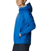 Campera impermeable Columbia Evapouration Jacket, color celeste, con capucha ajustable, cierre frontal completo, bolsillos laterales con cierre y ventilación en las axilas.